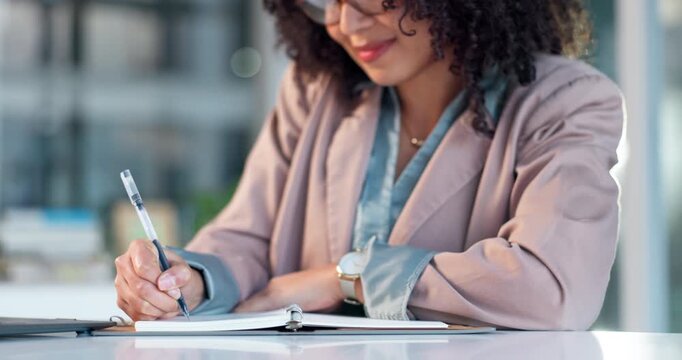 Business, woman and writing with notebook in office for checklist, company agenda or schedule. Female person, analyst or taking notes with diary for reminder, project planning or ideas in workplace