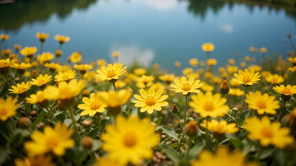 Fototapeta premium Vibrant yellow wildflowers border serene lake
