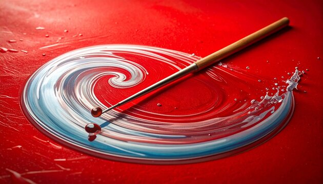 Tuning fork creating ripples in red liquid surface.