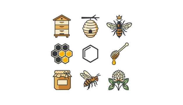  Beekeeping and Honey Production Line Art Icon Set Featuring Beehive Honeycomb Queen Bee Dipper Jar and Clover Flower Vector Illustration