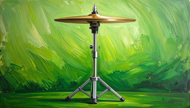 Isolated cymbal on stand with green background.