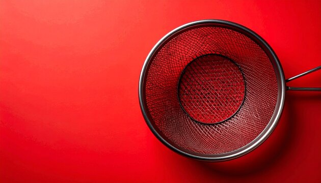 Red Strainer on Vibrant Red Background.