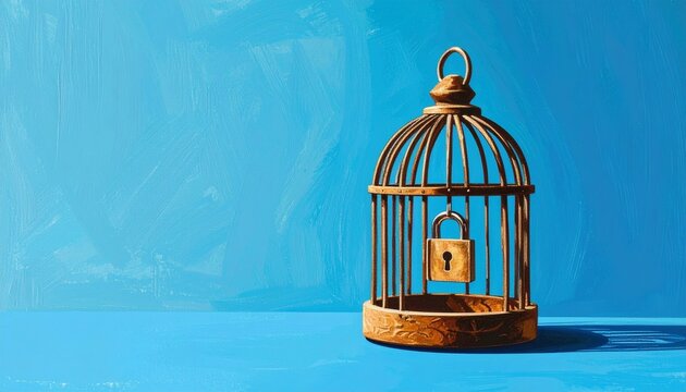 Golden birdcage with padlock on blue background.