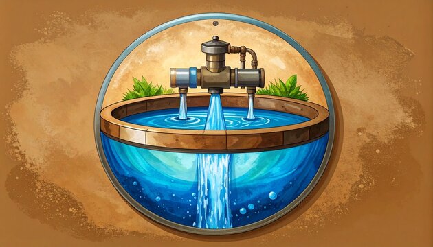 Industrial Water Treatment Facility in a Spherical Illustration.