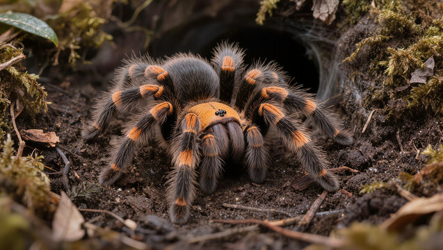 Pumpkin Patch Tarantula on Forest Floor Beside Burrow