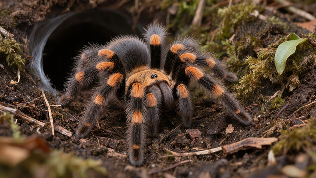 Pumpkin Patch Tarantula on Forest Floor Beside Burrow