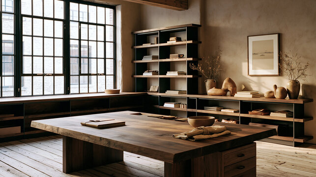 Modern minimalist loft workspace featuring a large rustic wooden table