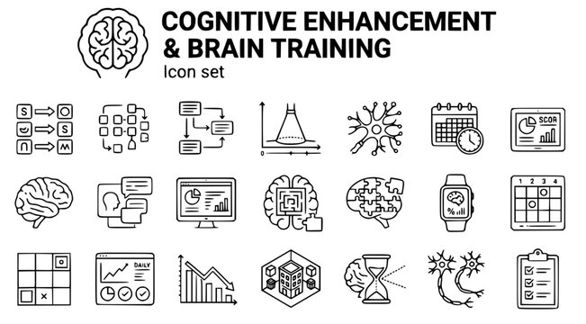 Cognitive Enhancement and Brain Training Technical Line Art Icon Set with Working Memory Diagram, Neuroplasticity, Brain Training App Dashboard and Cognitive Assessment Screen, 15 Icons, Editable