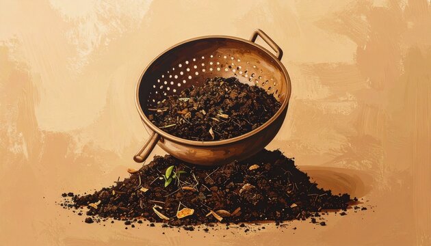 Copper tea strainer with loose leaf tea on wooden surface.