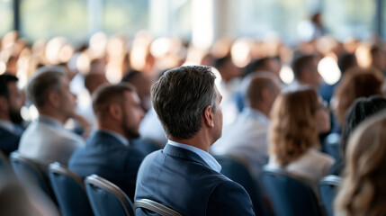 Obraz premium Rear view of a packed bright clean well lit conference room during a town hall meeting civic participation concept community decision making public forum local governance