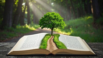 Magical open book featuring a miniature tree and grassy trail in a sunlight dappled forest imagination knowledge literature © Aliza 