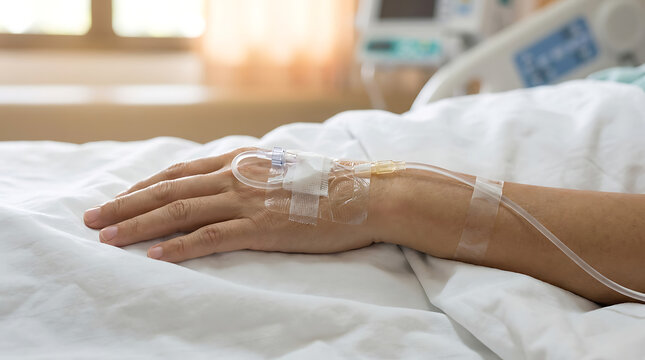 Close-up of a patient's hand with an IV drip in a hospital bed, indicating medical treatment and care
