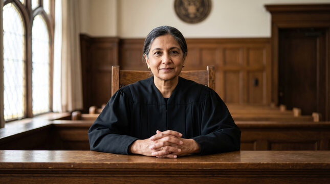 Female Judge in Courtroom Wearing Robes Sitting at Desk