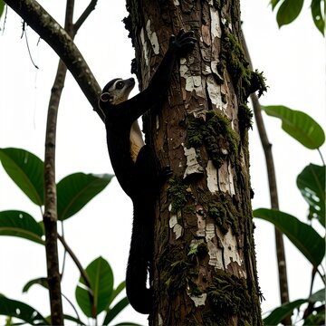 Black and white colobus monkey climbing a tree trunk.