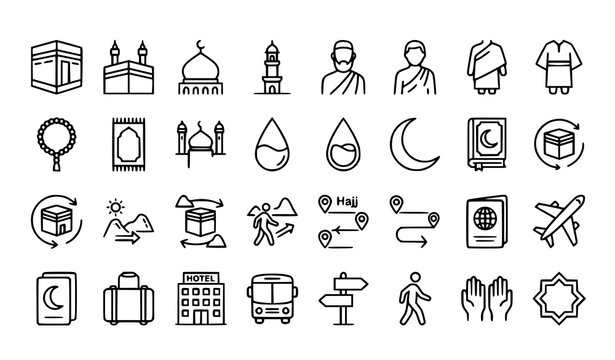 Hajj and Umrah Pilgrimage Travel Line Icons Set with Kaaba Mosque Prayer and Islamic Religious Journey Symbols