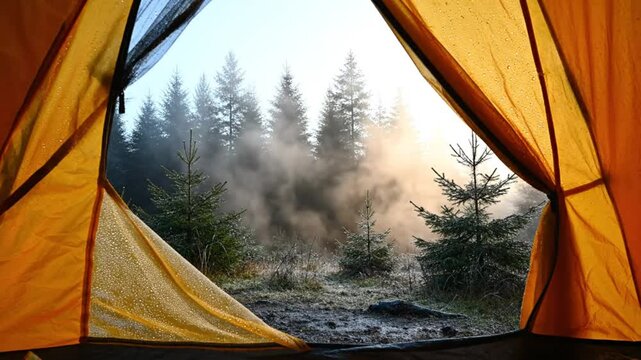 Morning forest view from inside a yellow tent with rising fog and sunlight peeking through the trees