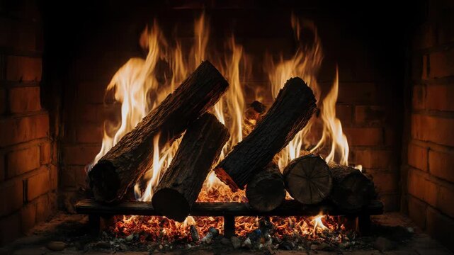 Flames dance around stacked logs in a cozy fireplace, creating a warm ambiance in a rustic setting with brick walls and glowing embers below