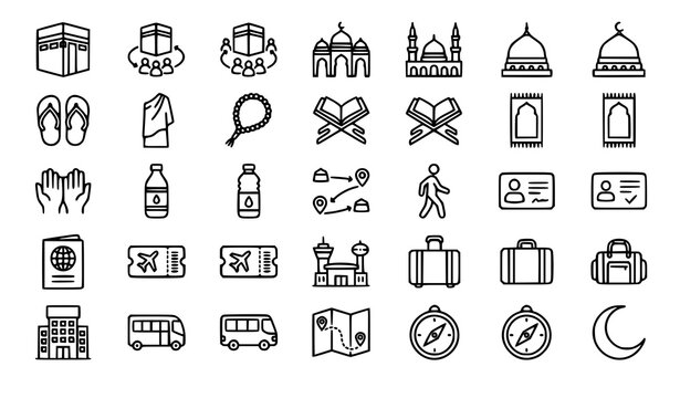 Islamic Hajj Umrah Religious Pilgrimage Travel Outline Icons Featuring Kaaba Mosque Prayer and Journey Symbols