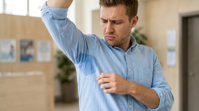 Man checking large sweat stain on blue shirt underarm in office
