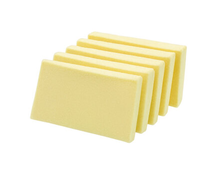Four yellow sponge blocks stacked on transparent background for cleaning purposes transparent background