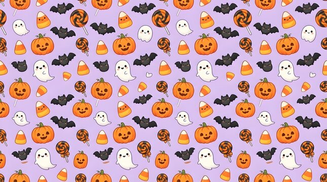 Seamless halloween pattern with cute ghosts, pumpkins, bats, candy corn, and lollipops on a light purple background