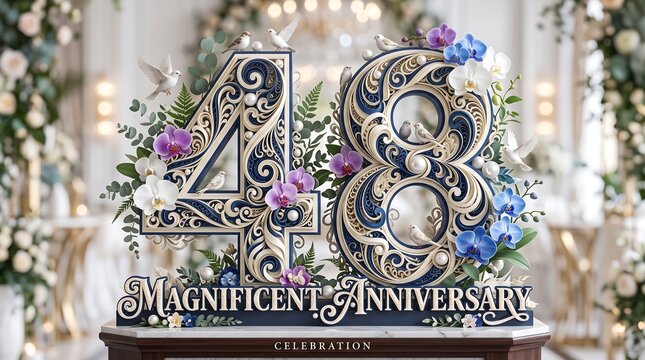 48th Anniversary Celebration Sign with Elegant Floral Decorations and Ornate Gold Details