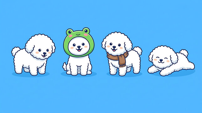 Set of cute bichon frise dogs in different poses and outfits, vector illustration on blue background