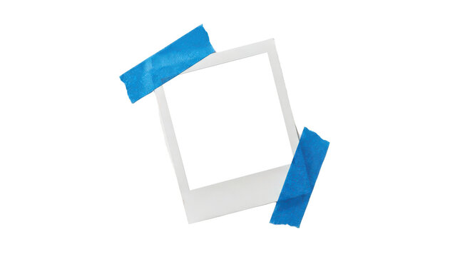 Blank polaroid frame with blue tape strips isolated on transparent background