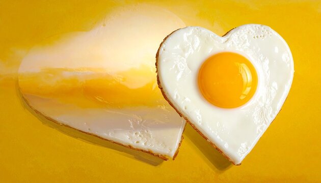 Single fried egg cooked in heart shape on yellow background concept for breakfast or romantic food breakfast romantic