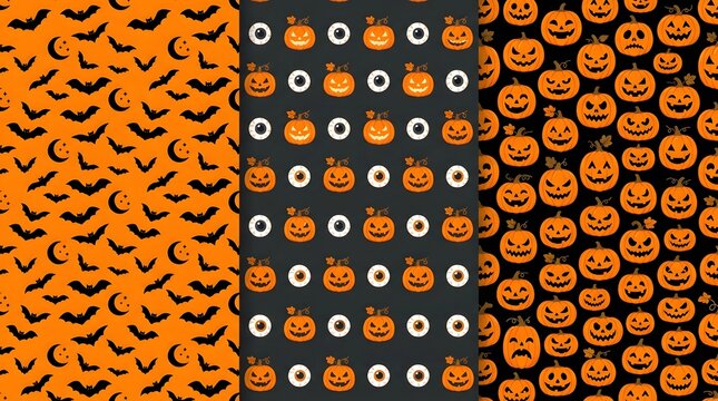 Set of three seamless halloween patterns with bats, eyeballs, and jackolantern pumpkins
