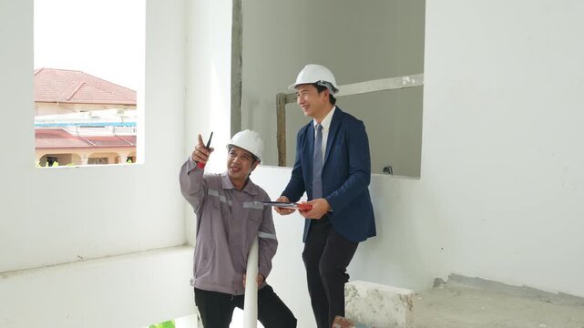 Construction inspectors and engineer discussing project details at an unfinished building site, teamwork, communication, safety compliance, site supervision, safety, construction project management.