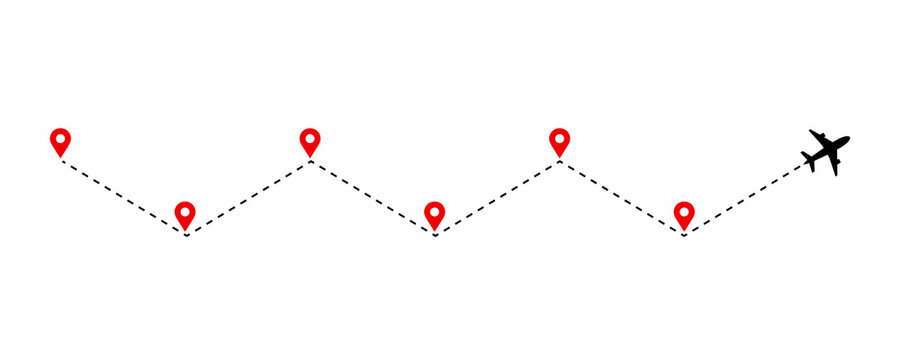 Zigzag flight path with red location pins and black airplane icon on transparent background.