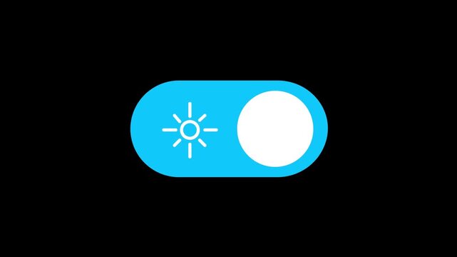 On/off button animation, day and night modes with moon and sun icons, looping motion graphics, black background, 4K video.