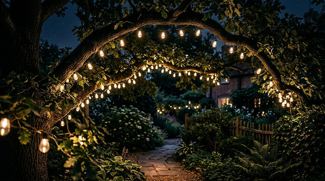 Enchanting garden path at night illuminated by warm string lights on an old tree