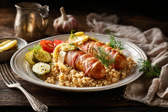 Traditional Russian style meat rolls served with buckwheat, pickles, tomatoes and fresh dill on a rustic table