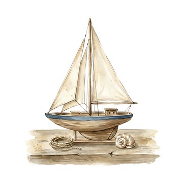 Sailboat model handcrafted from wood with white fabric sails resting on a weathered wooden surface with a seashell.
