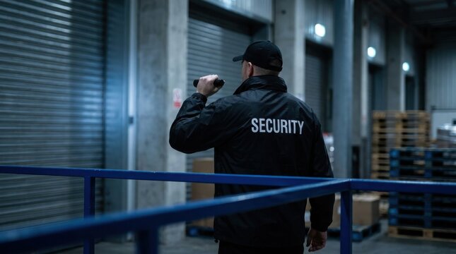 Professional security guard inspecting premises with flashlight during night patrol duty