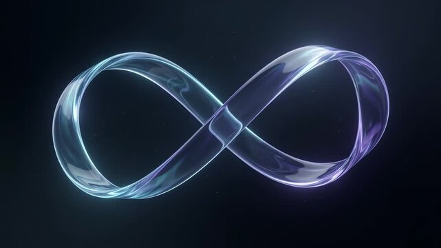 Futuristic Translucent Infinity Loop with Glowing Blue and Purple Glass Effect on Dark Background
