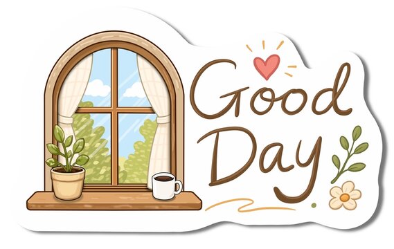 Cozy window and "Good Day" quote sticker with white border, die-cut style illustration isolated on transparent background.