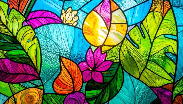 Vibrant stained glass pattern with colorful tropical leaves and exotic floral botanical elements