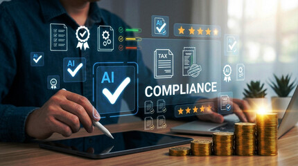 Fototapeta premium AI Compliance and Tax Audit Concept with Holographic Screen and Financial Icons
