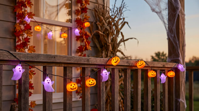 Festive Halloween string lights with pumpkins and ghosts decorating a wooden porch railing