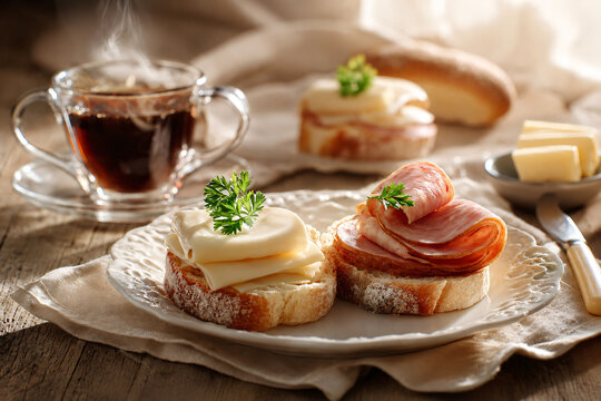 Traditional Russian style breakfast with rustic bread, sliced cheese and ham served with hot tea on a cozy wooden table