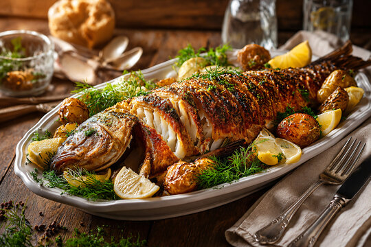 Whole baked fish served with roasted potatoes, lemon and fresh dill on a rustic festive table