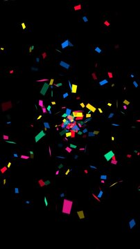 colorful confetti explosion isolated on transparent background animation, alpha channel birthday party and anniversary celebration overlay vertical social media motion design element