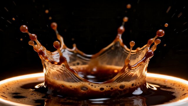 Dynamic coffee splash crown in cup close up macro shot on black background