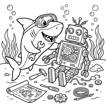 Cartoon shark with goggles and wrench helps robot build project with plans, tools, and gears on seabed