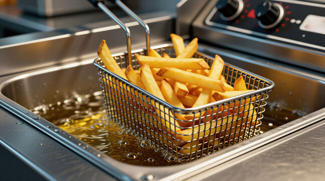 Industrial deep fryer machine cooks crispy potato french fries in hot boiling oil. Stainless steel commercial kitchen equipment prepares salty snacks. Metal basket lifts golden fried chips from
