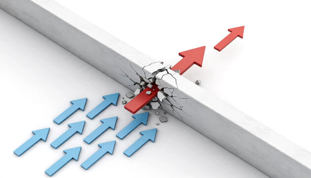 Business Leadership and Breaking Barriers Concept with Red Arrow Smashing Through Concrete Wall Overcoming Obstacles for Strategic Success Innovation and Corporate Growth Trend