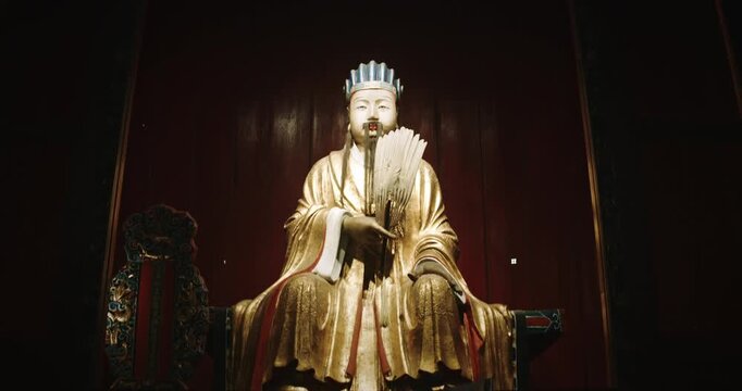 Chengdu, Sichuan, China. Wuhou Memorial Temple. Statue Of Zhuge Liang, close-up view. Zhuge Kongming Was Eminent Strategist, Statesman And Inventor. intelligent and cultured scholar. Zhuge Liang Lived